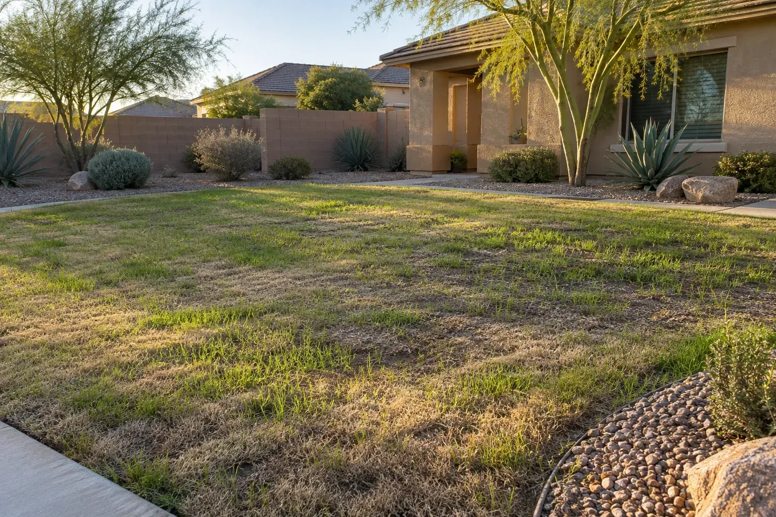 Thin, patchy overseeded front lawn at a Buckeye Arizona home with young ryegrass coming up unevenly over tan Bermuda grass