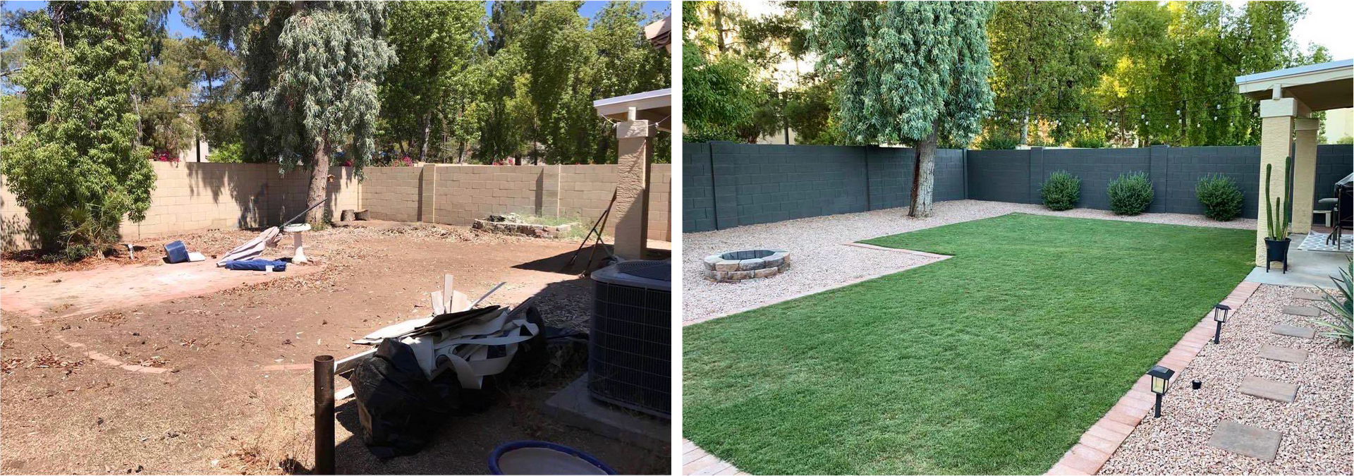 There is a before and after picture of a backyard.