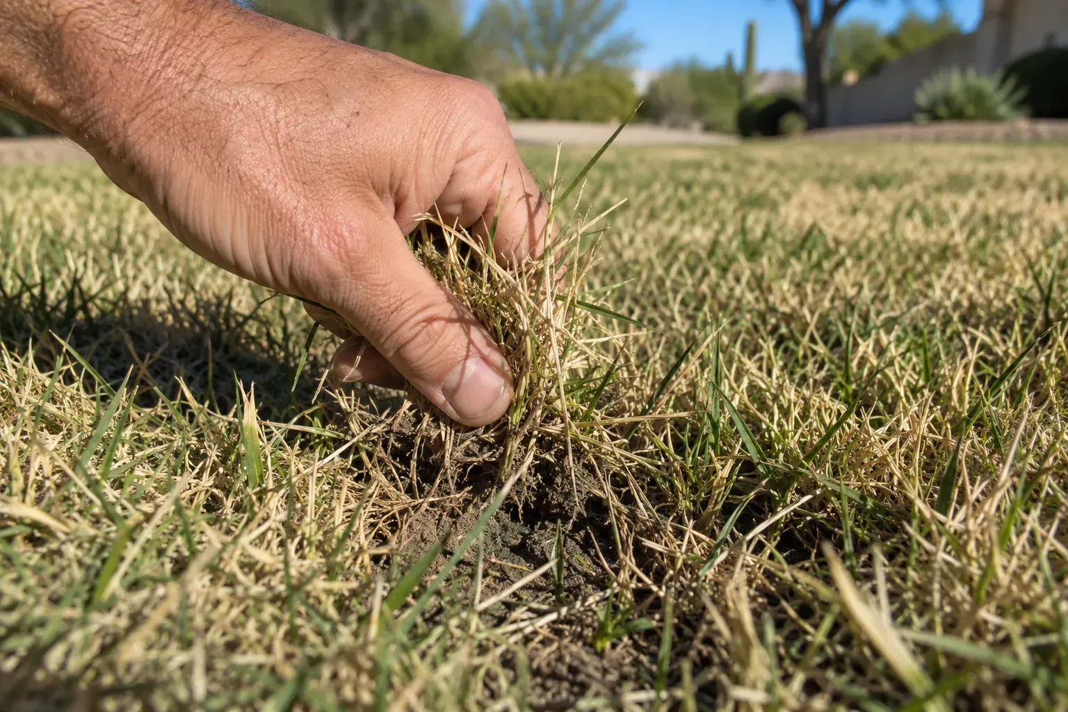 Hand tug-testing brown Bermuda grass to check if an Arizona lawn is dead or dormant