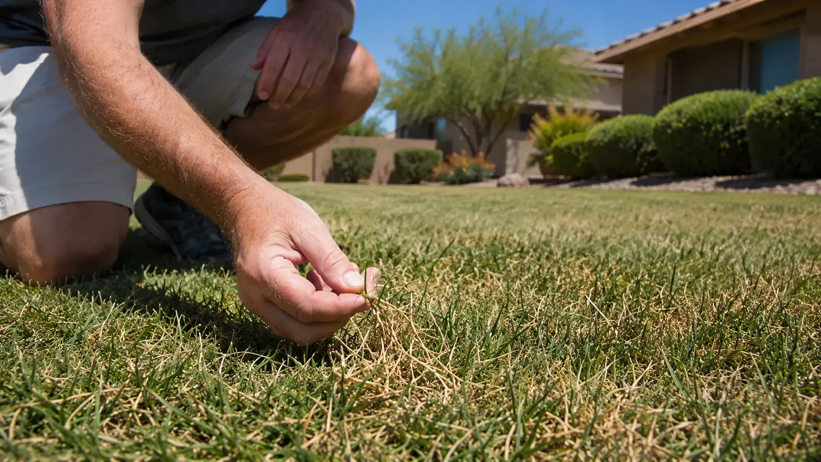 Person kneeling to inspect dry grass in a suburban yard on a sunny day