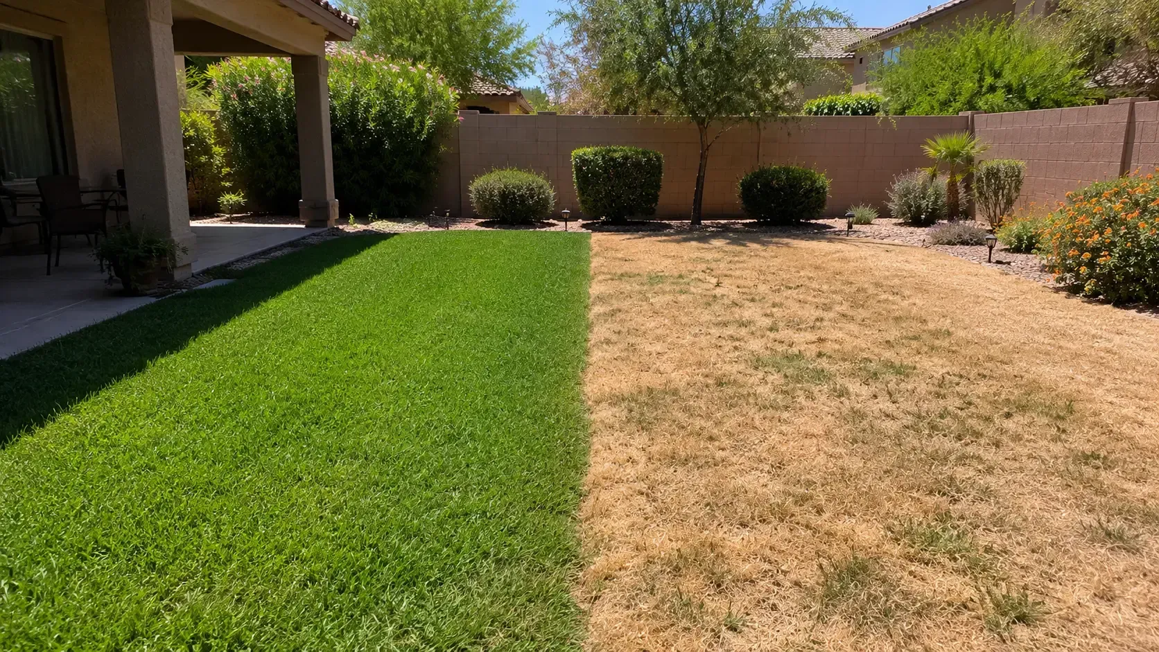 Drip irrigation system and mulch around tree base in Arizona backyard