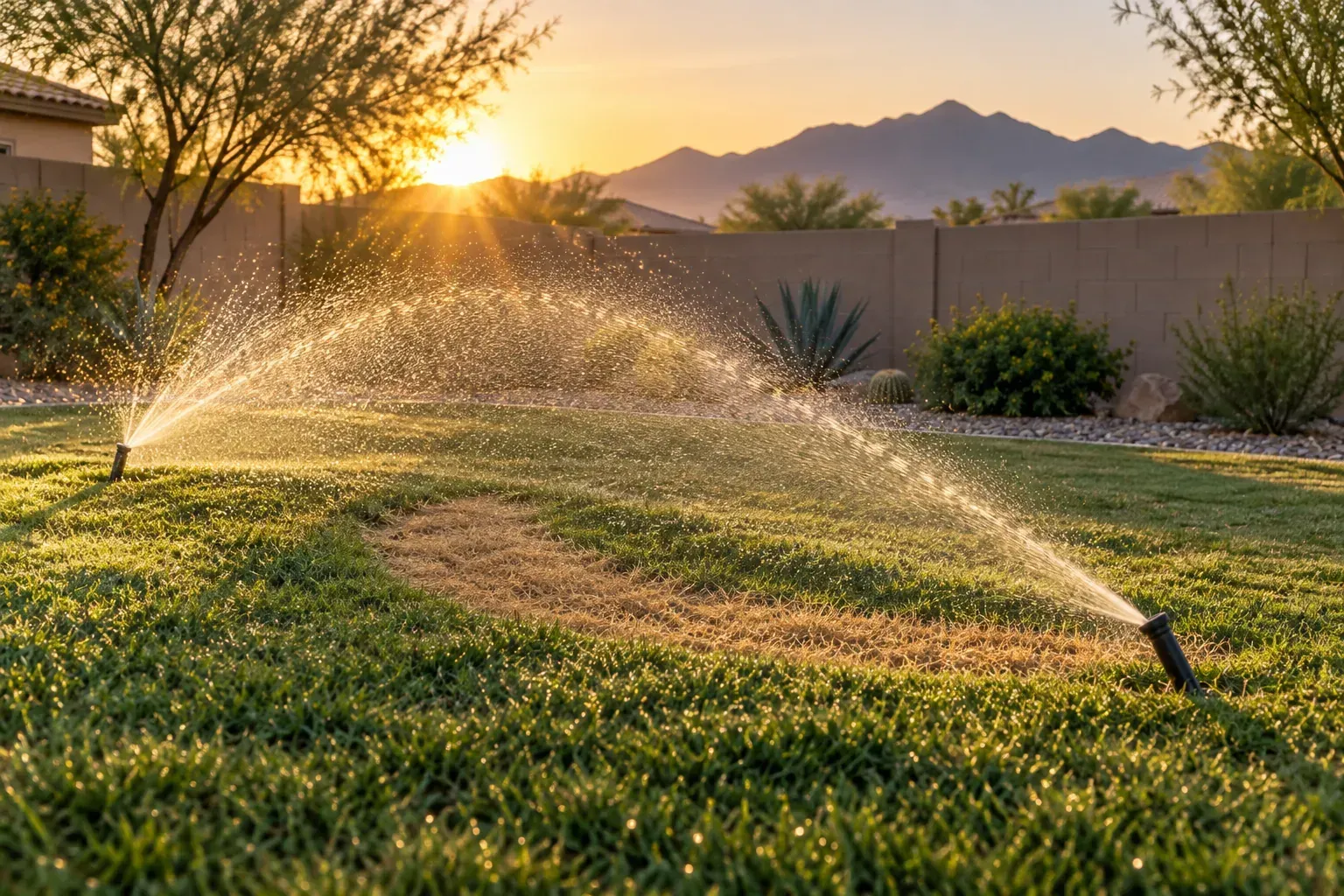 Sprinklers leaving a dry crescent between heads on an Arizona lawn