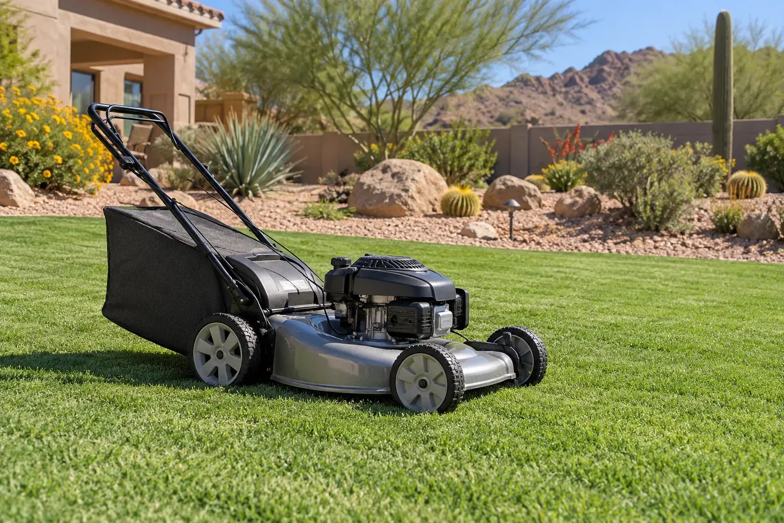 Lawn mower on an Arizona Bermuda lawn with a full clipping bag, lawn cut low but not down to bare soil, ready for overseeding