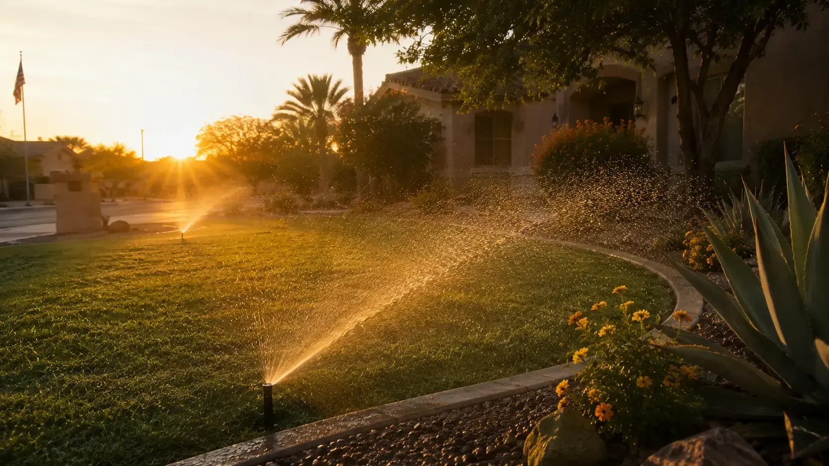 Lawn sprinklers watering Arizona landscape at sunrise