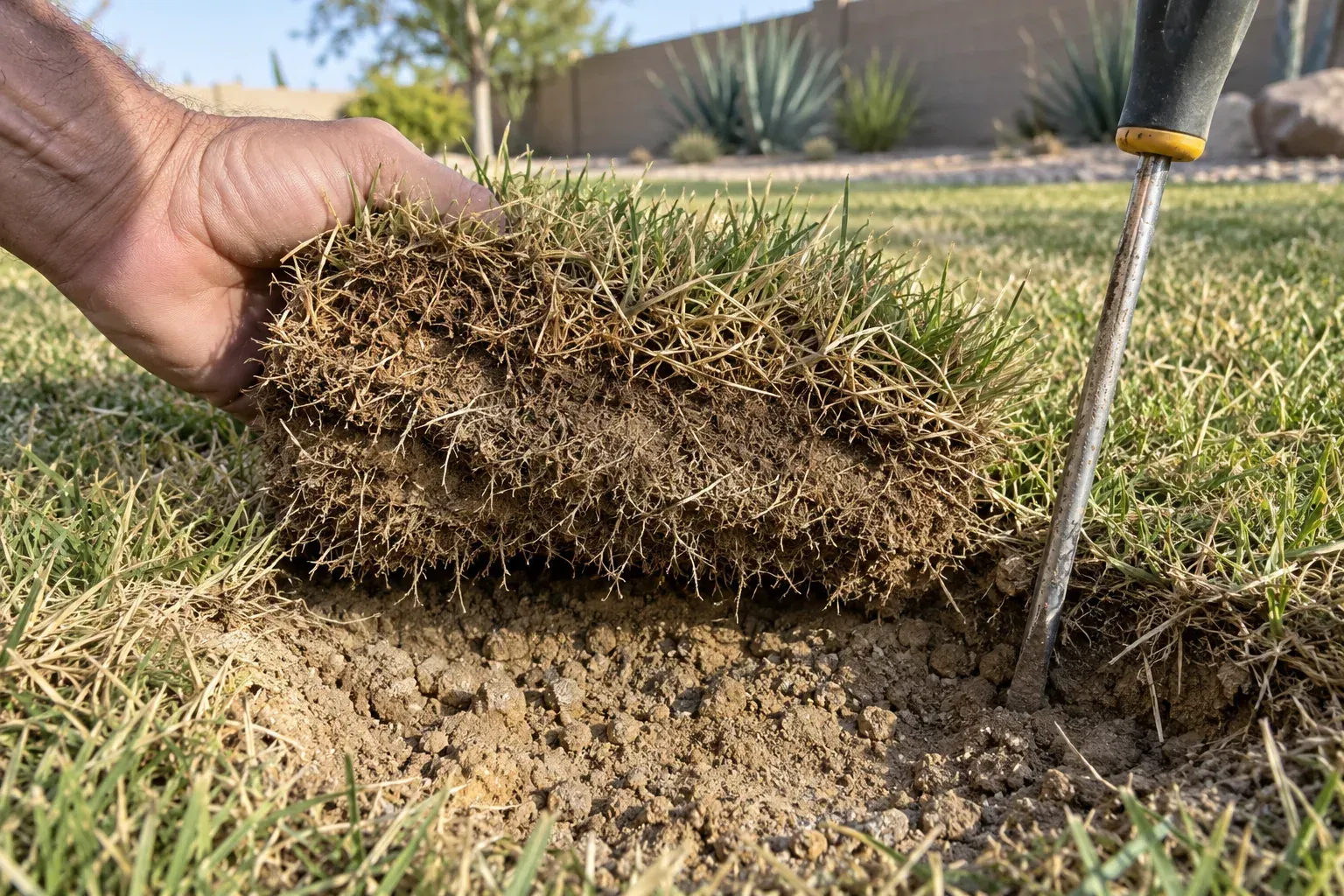 Cross-section of Bermuda turf showing thick thatch over compacted desert soil