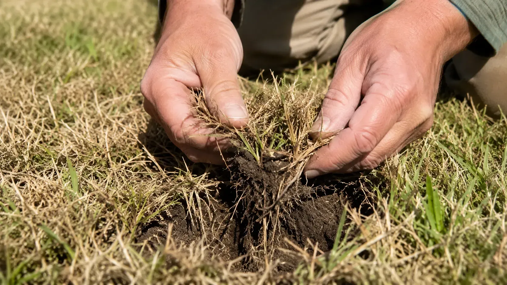 Arizona backyard showing contrast between healthy green lawn and heat-damaged brown grass