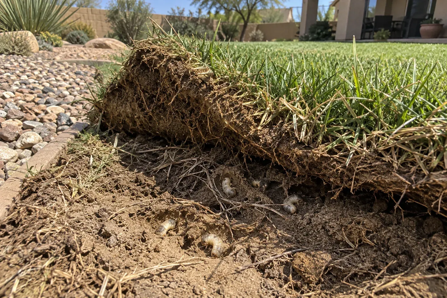 Turf peeled back to reveal white grubs feeding on lawn roots in Arizona
