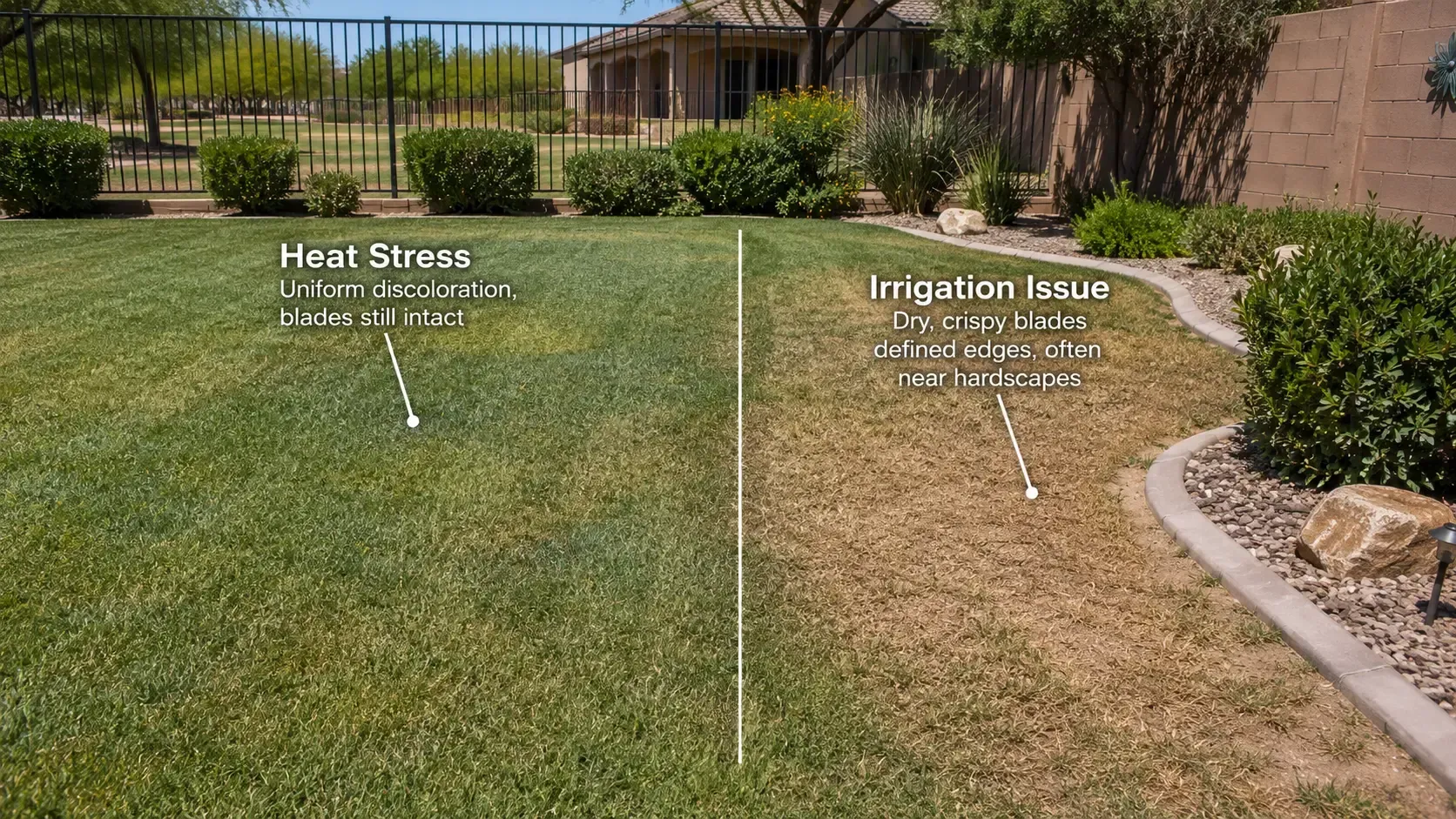 Lawn comparison showing heat stress on left and irrigation zone on right in a sunny backyard