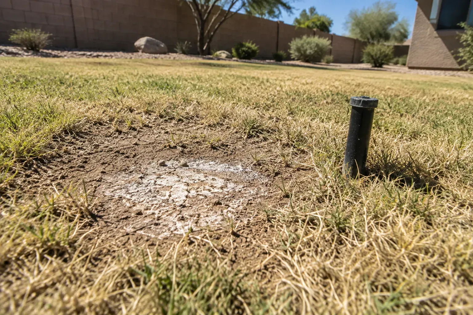 White salt crust on dry soil beside a sprinkler head in an Arizona lawn