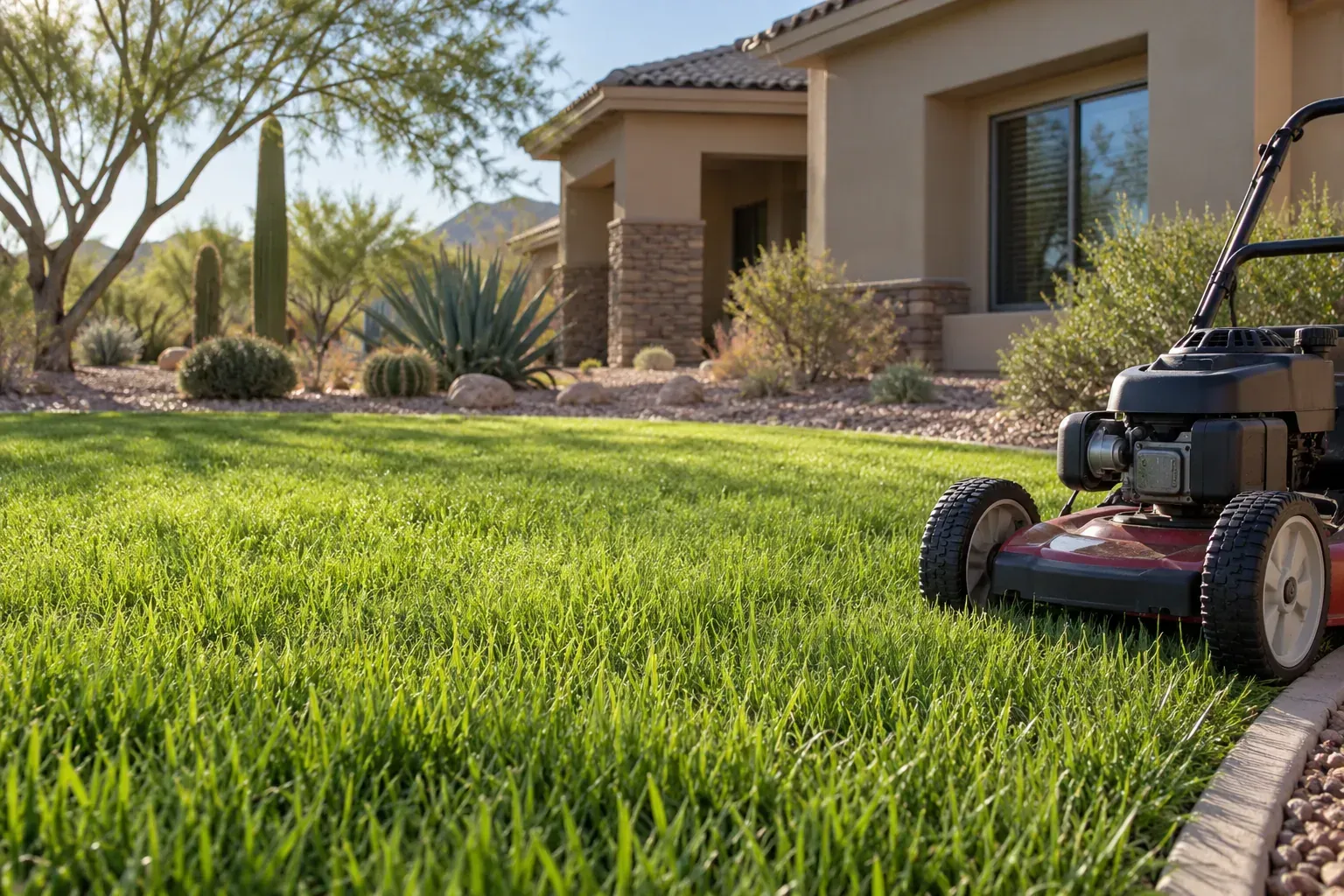 Pop-up sprinkler running a short cycle over a freshly overseeded Arizona lawn with fine spray and a damp soil surface