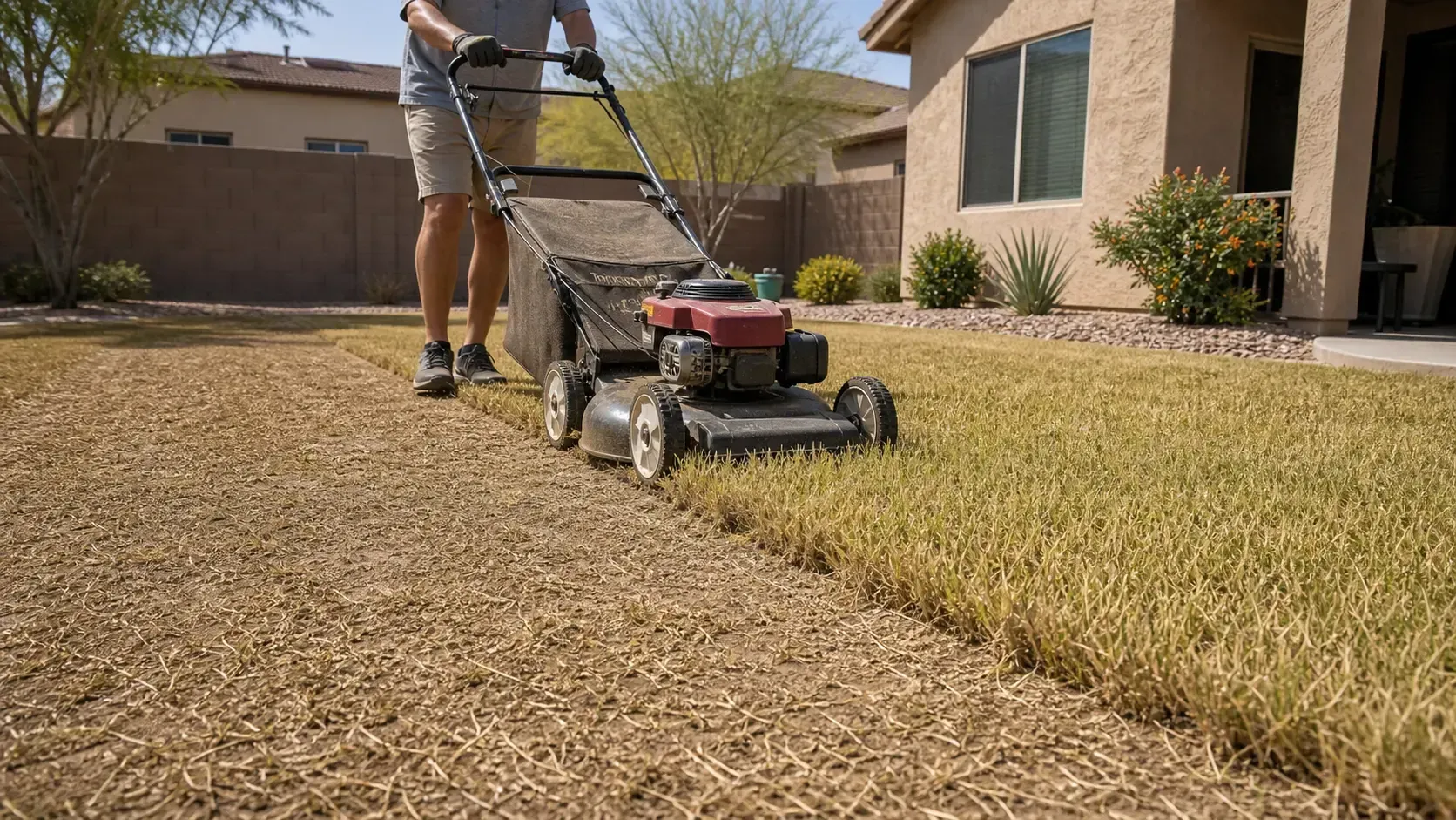 Split view of a suburban house lawn, with lush green grass on the left and dry yellow grass on the right.