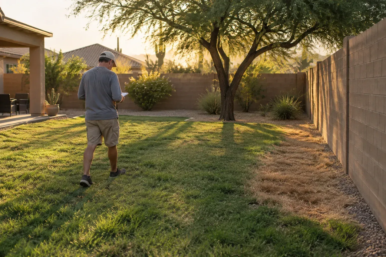 Homeowner checking brown strips along a block wall and shade under a tree in a Buckeye lawn