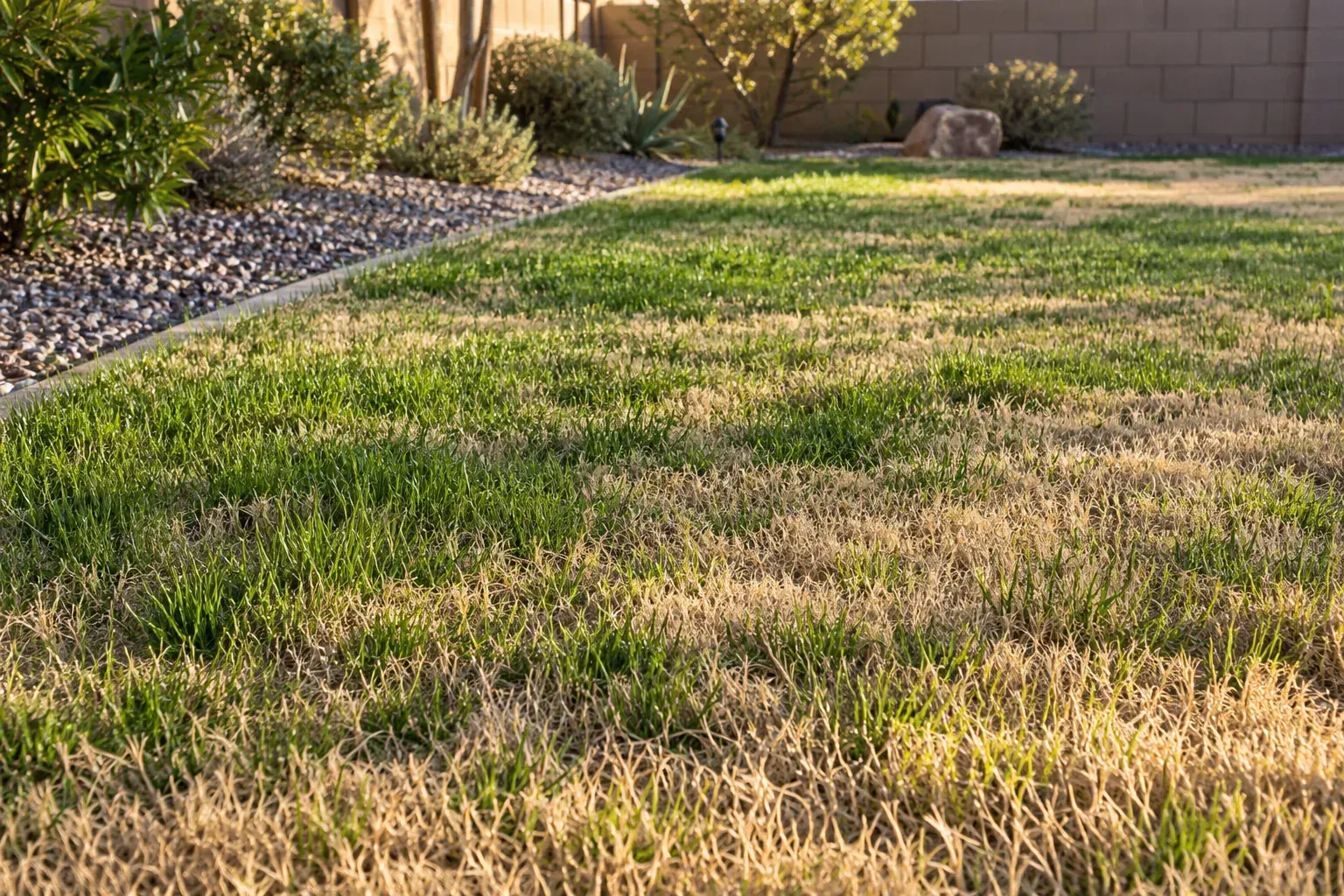 New ryegrass seedlings about three inches tall on an Arizona lawn with a mower set high for the first cut