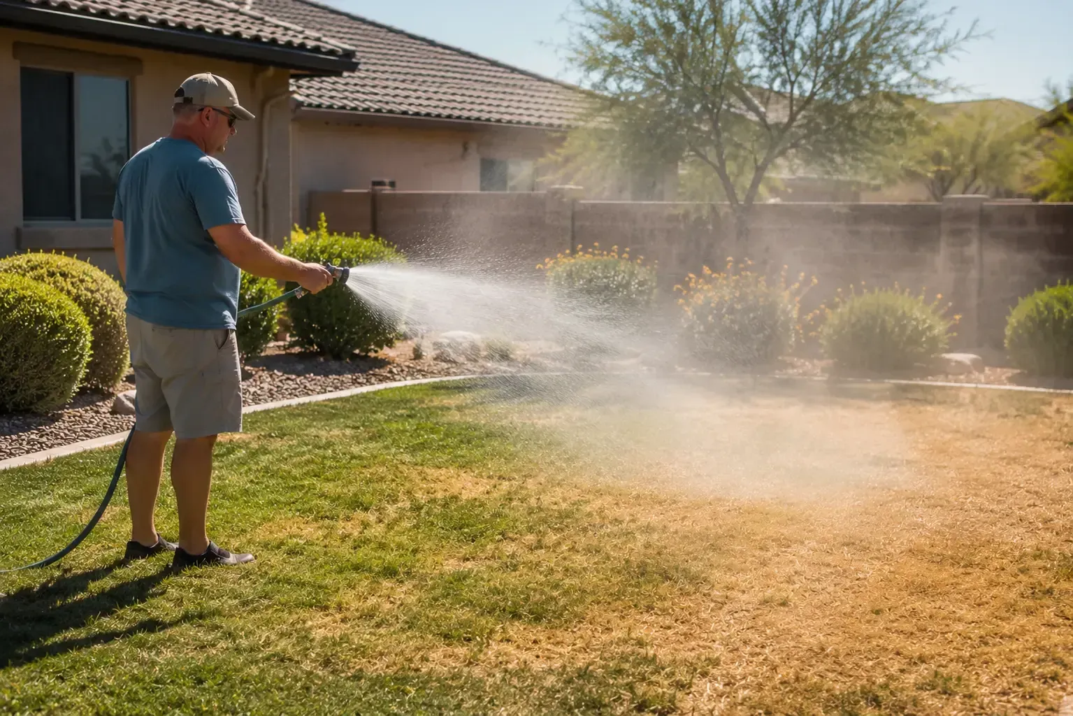 Person watering a dry suburban lawn with a hose on a sunny day