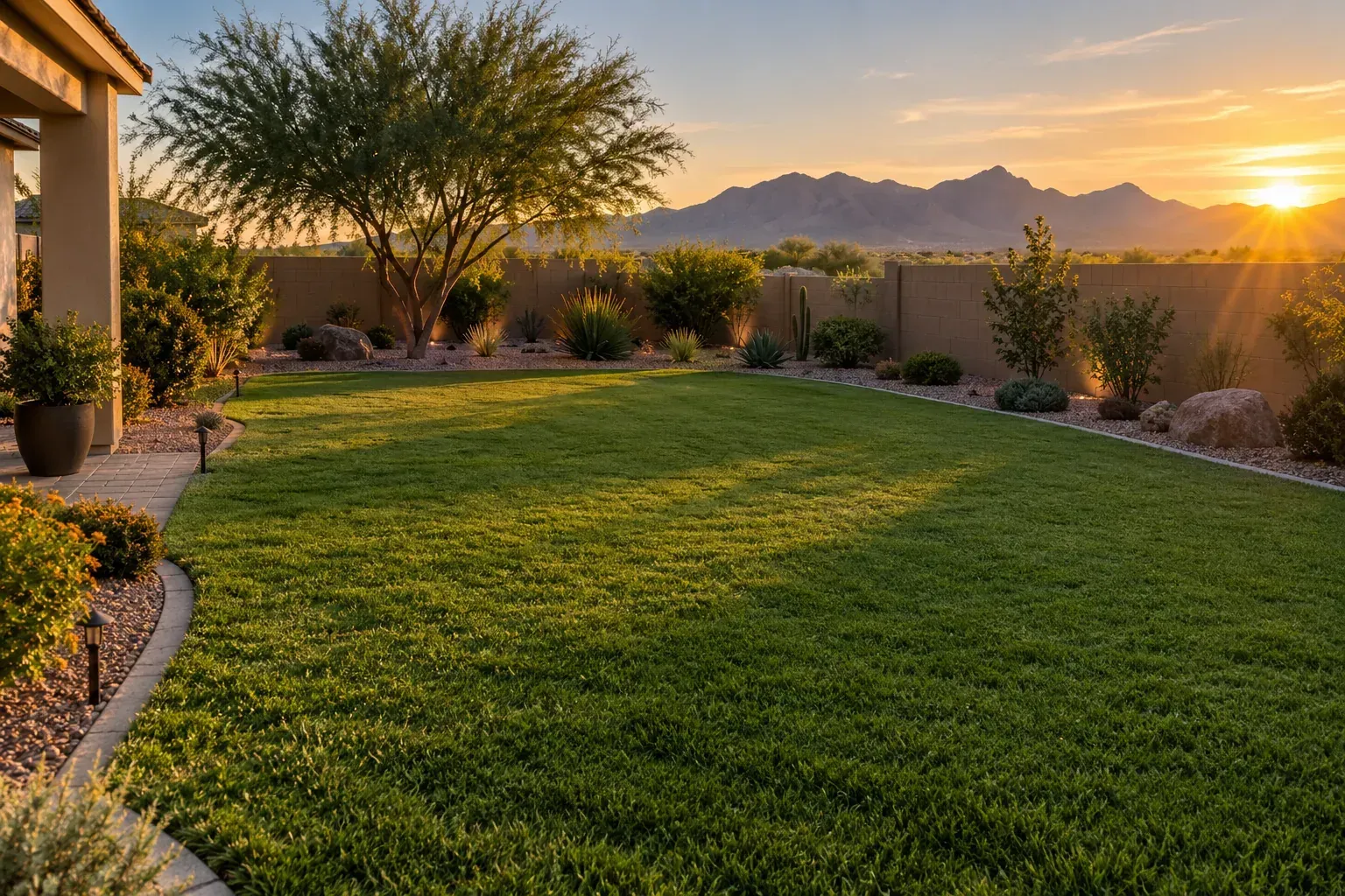 Healthy, even Bermuda lawn in a Buckeye, Arizona backyard at golden hour