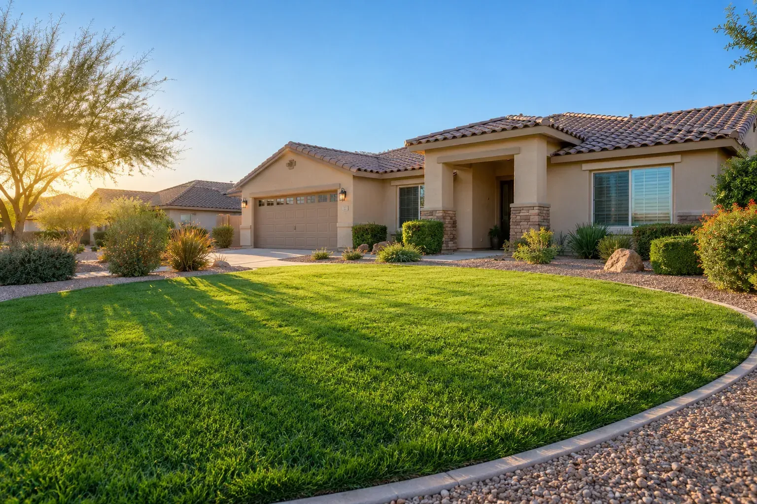 Fully green winter lawn at a Buckeye Arizona desert home in December with low winter sun and a clear blue sky