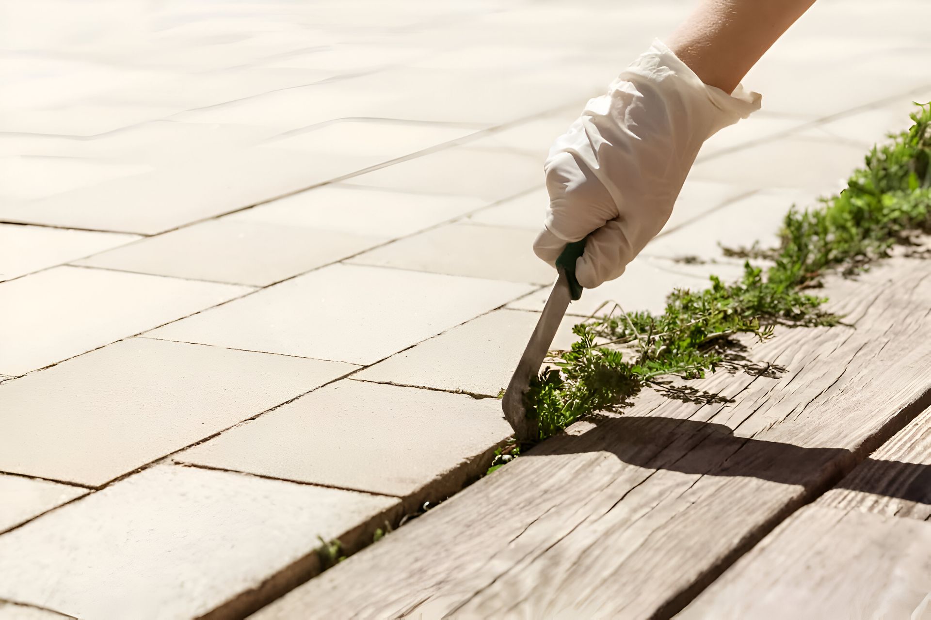 A person is using a tool to remove weeds from a wooden deck.