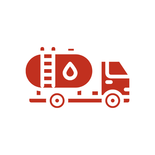 A red icon of a tanker truck with a drop of oil on it.