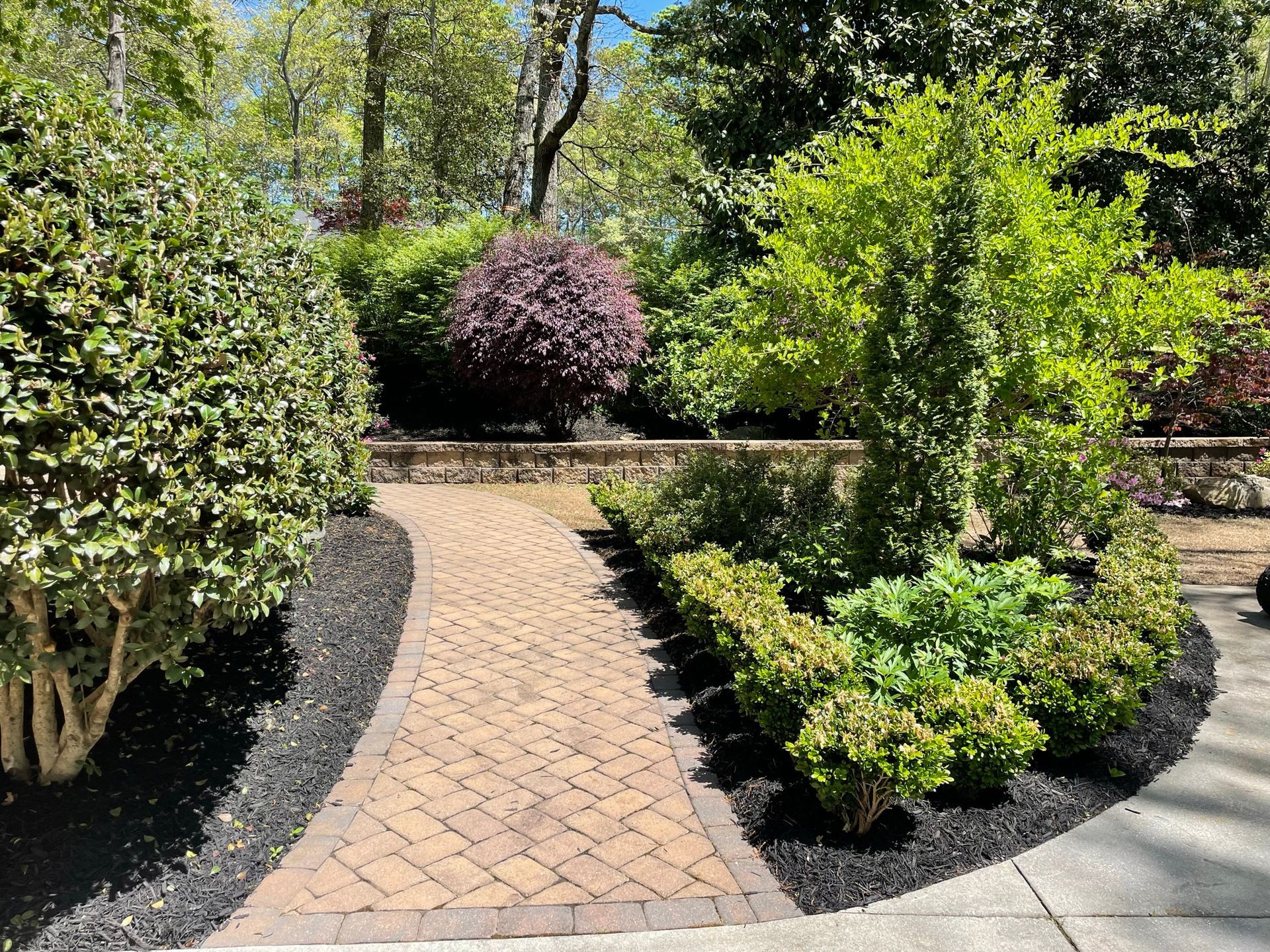 A brick walkway surrounded by trees and bushes in a garden.