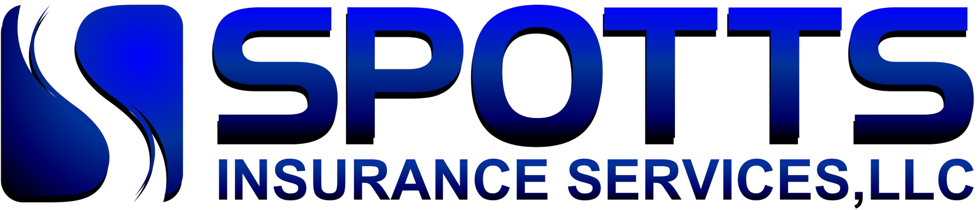 Spotts Insurance Services logo in blue and white with stylized swoosh icon