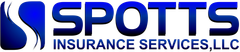 Spotts Insurance Services logo in blue and white with stylized swoosh icon