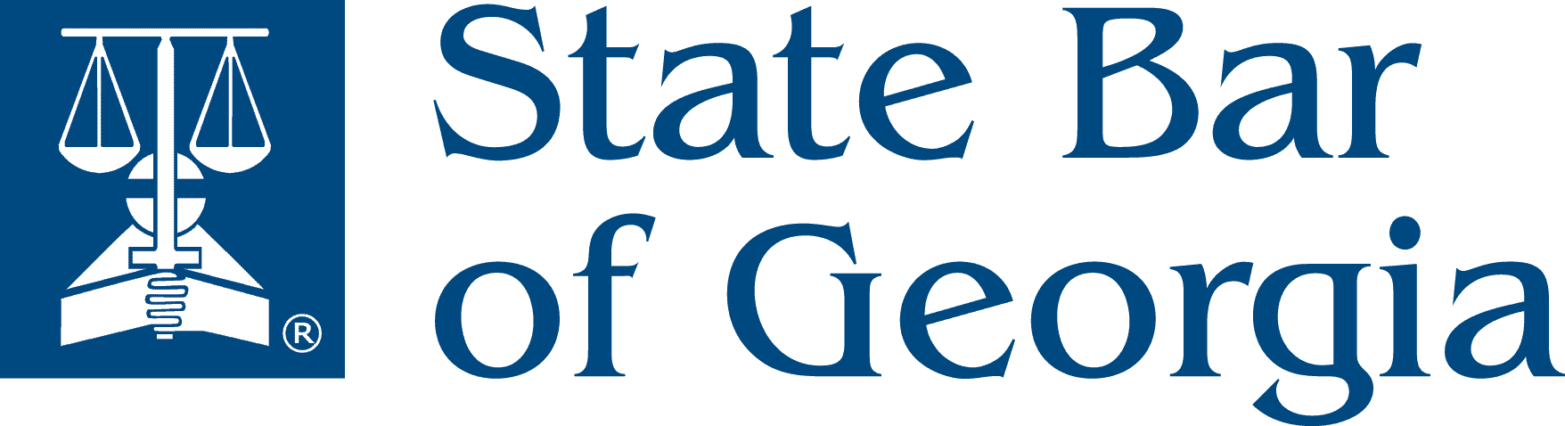 Logotipo del Colegio de Abogados del Estado de Georgia con icono de balanza azul y texto