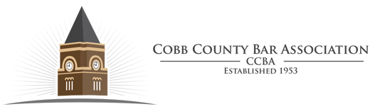 Logotipo de la Asociación de Abogados del Condado de Cob con una torre de reloj y texto gris sobre fondo blanco.