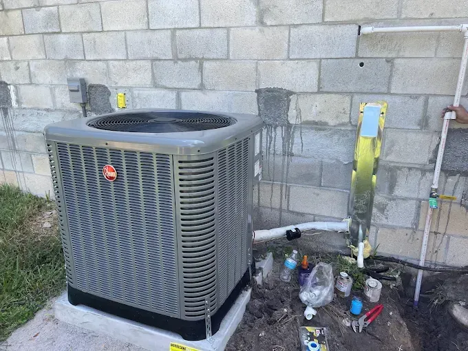 An air conditioning unit against a concrete block wall. Tools and pipes are present near the unit.