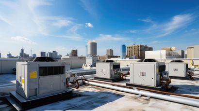 Rooftop HVAC units with cityscape in the background under a blue sky.