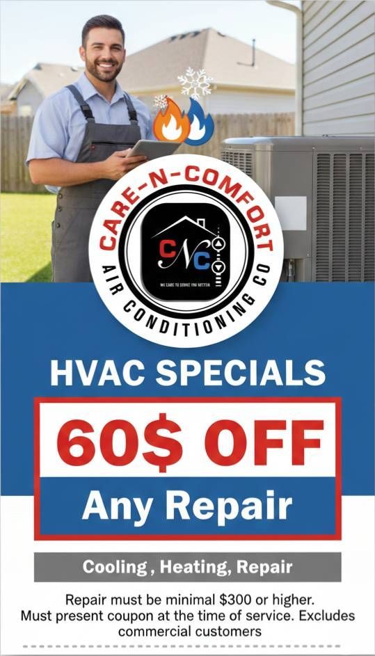 HVAC services ad. Technician holding tablet, in front of an AC unit. Offers $60 off any repair, details below.