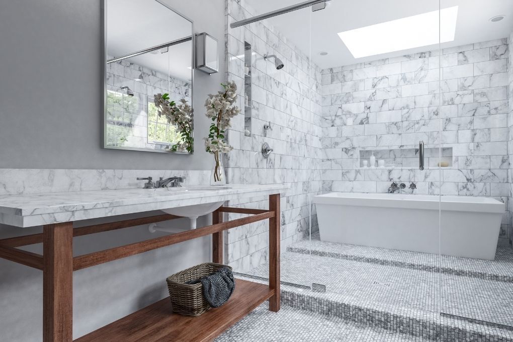 completed white marbled tiled wet room
