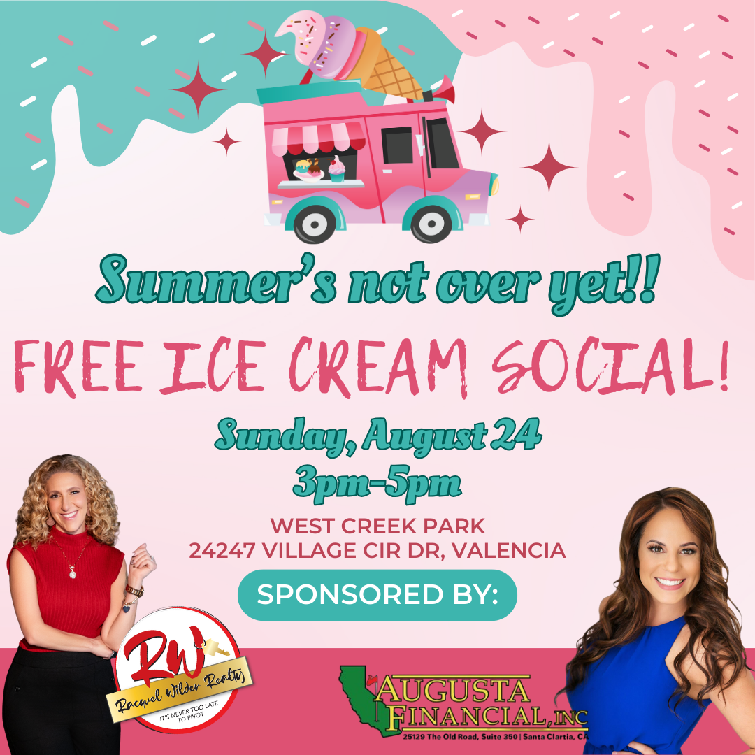 Advertisement for free ice cream social at West Creek Park on August 24. Features ice cream truck graphic and sponsors logos.