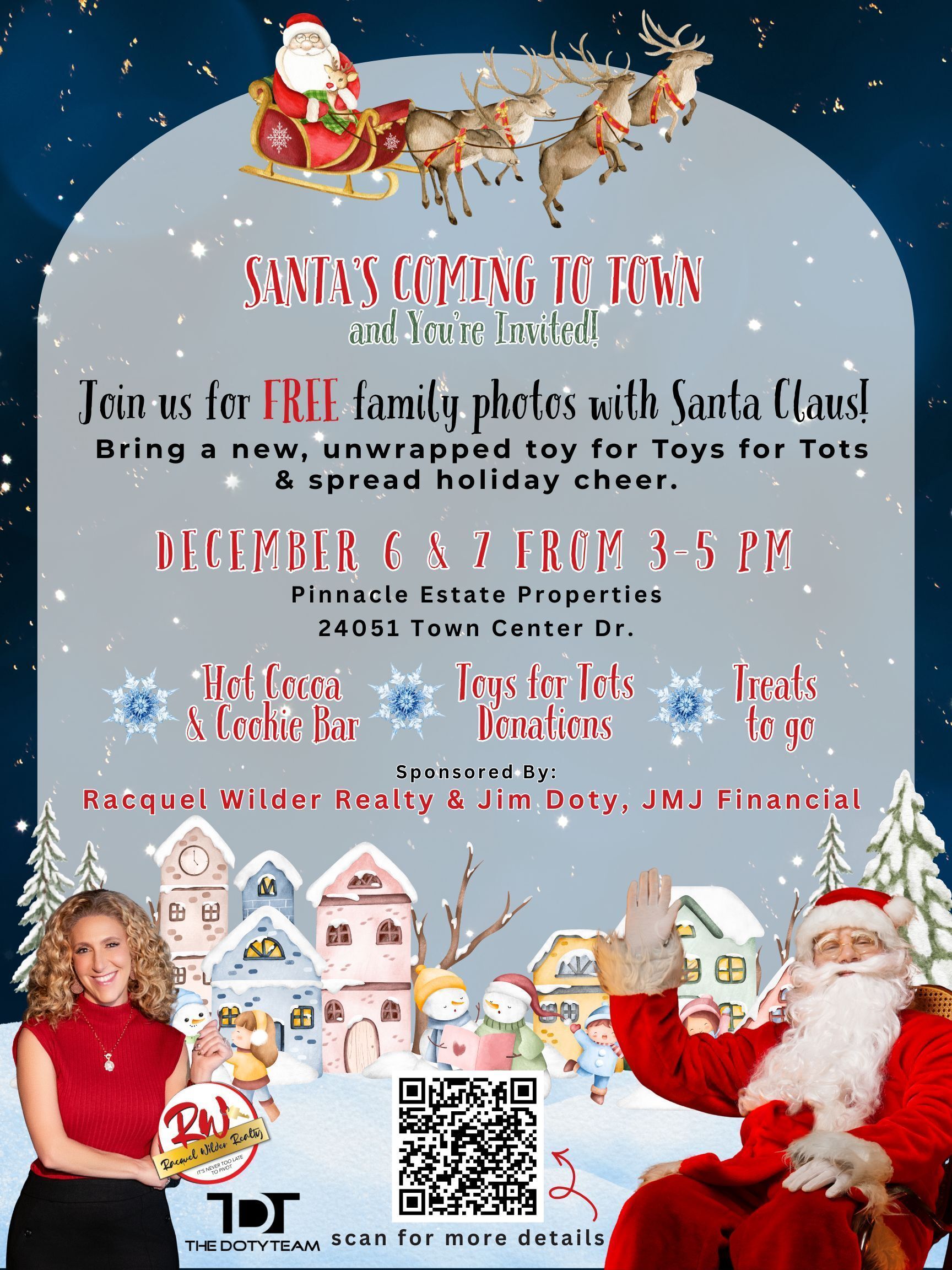 Holiday flyer: Santa in sleigh, free family photos. Bring a toy. December 9, 3-5 PM, at Peanut Estate Properties.