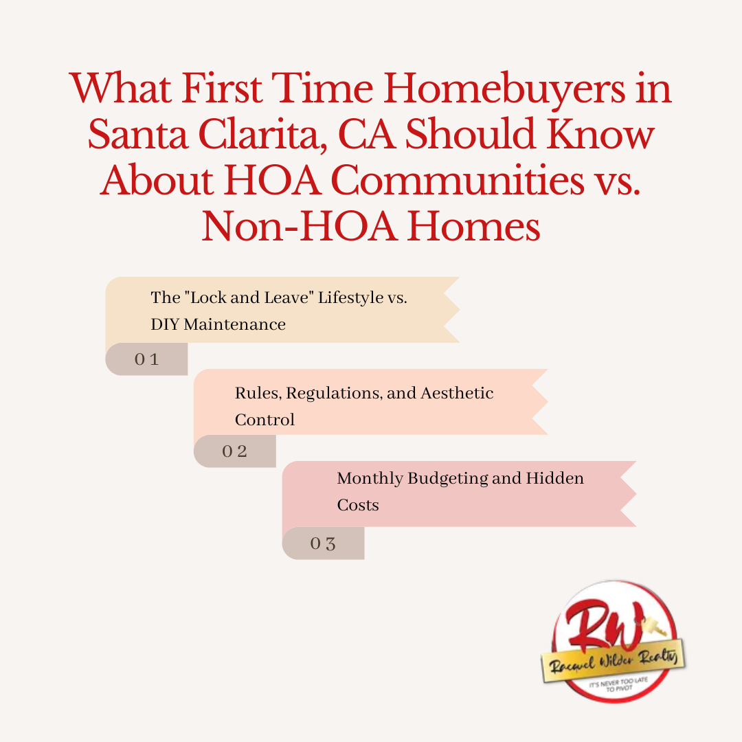Graphic explaining HOA vs non-HOA homes for first-time buyers in Santa Clarita, CA, covering maintenance, rules, and costs.
