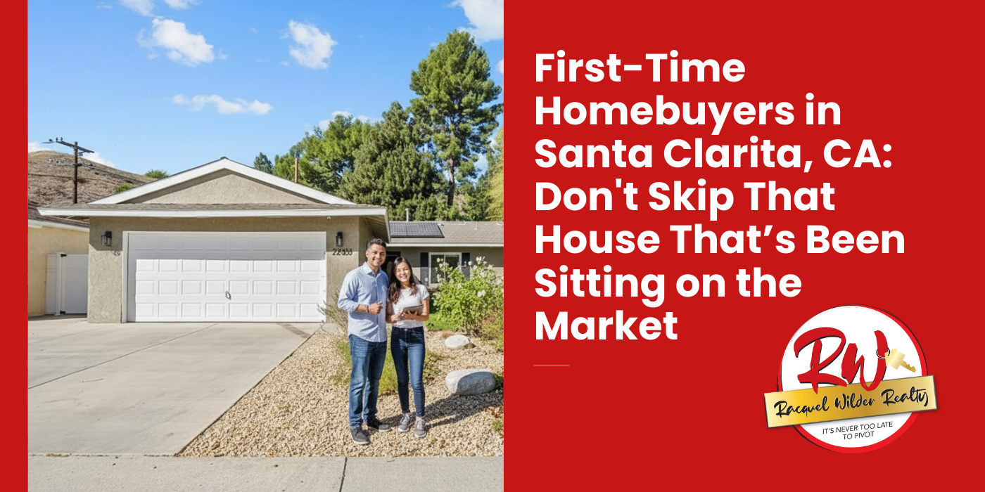 Couple standing in front of a house, red background with text: