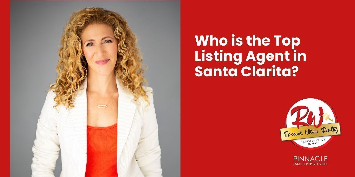 Real estate ad with woman in white blazer on red background asking, “Who is the Top Listing Agent in Santa Clarita?”