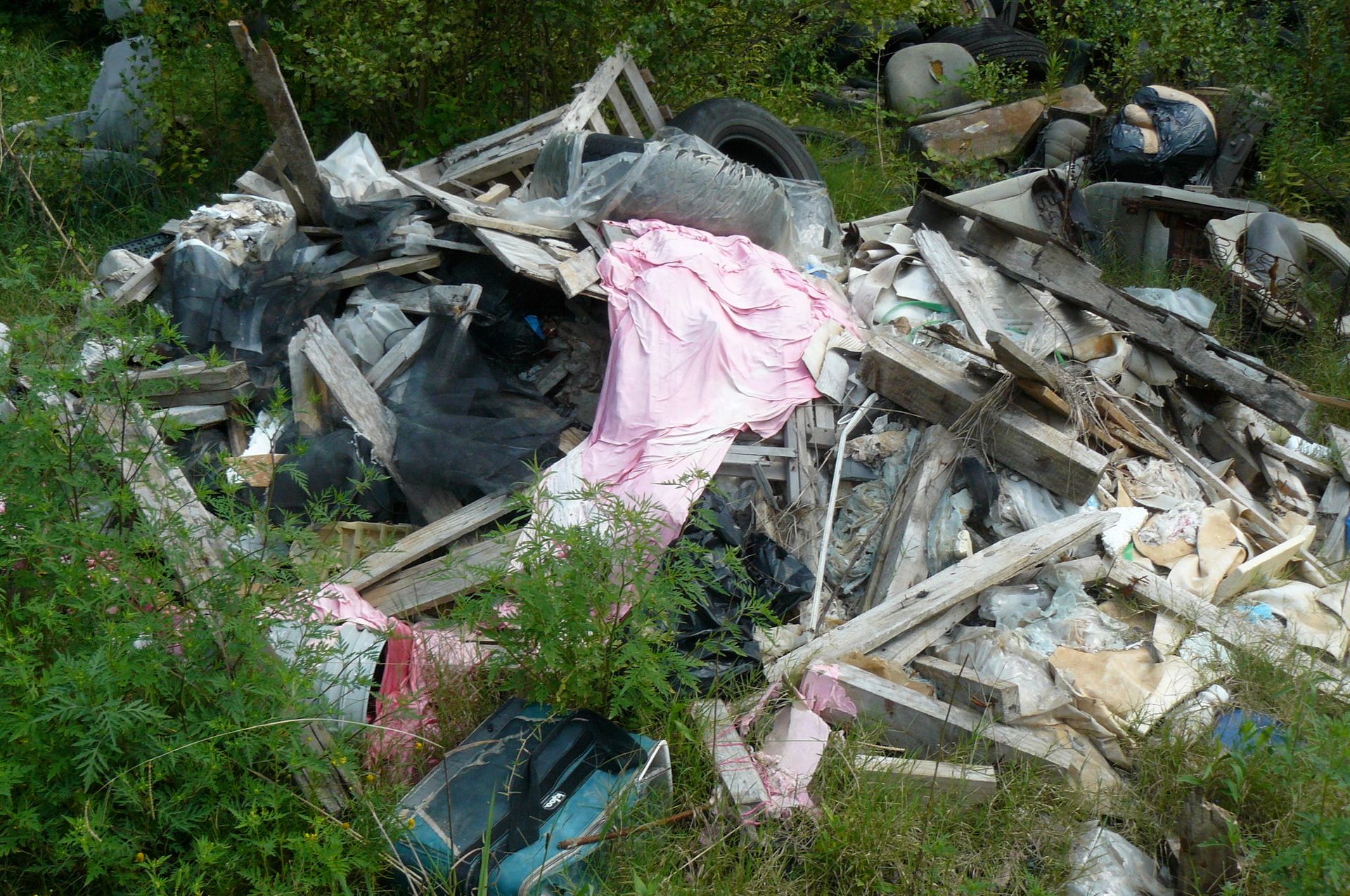 Pile of trash and debris including wood, tires, and fabric among overgrown greenery.