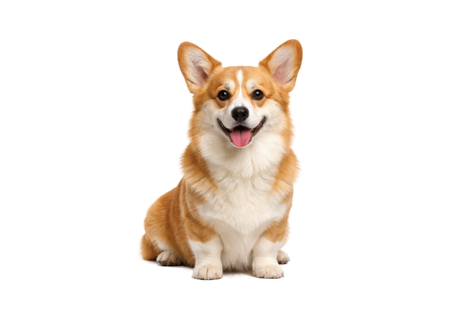 Brown-and-white corgi sitting and facing forward with a happy expression on a white background Brown-and-white corgi sitting and facing forward with a happy expression on a white background