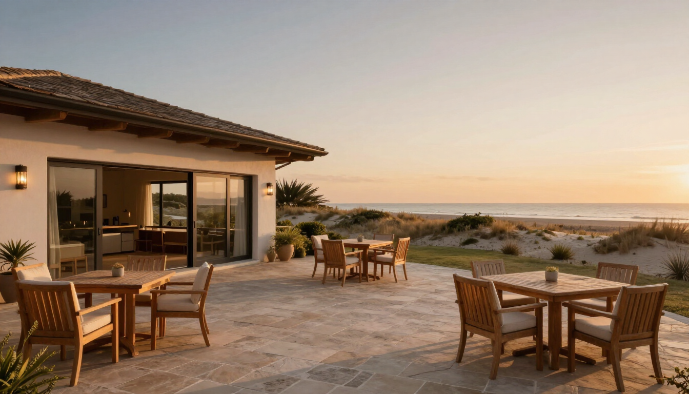 Family-friendly vacation rental with a patio and warm evening light.