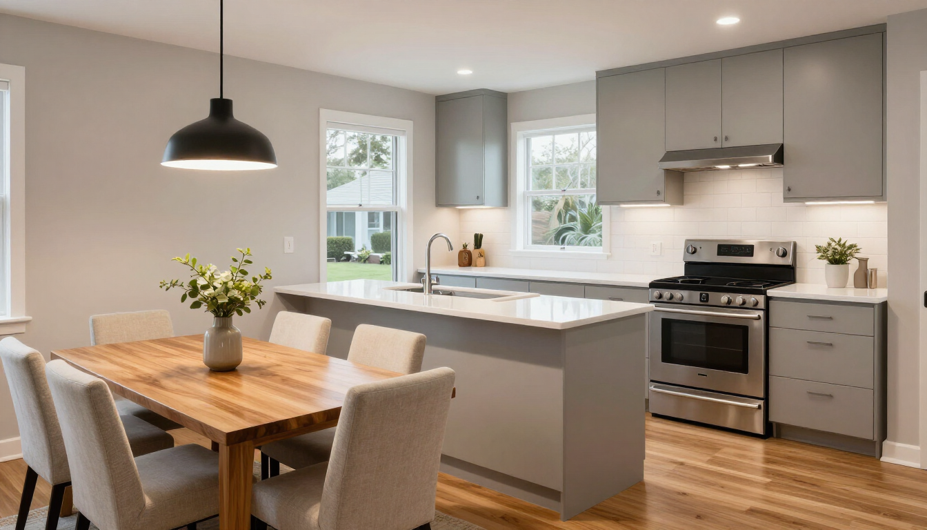 Extended stay rental with a modern kitchen and comfortable dining area.