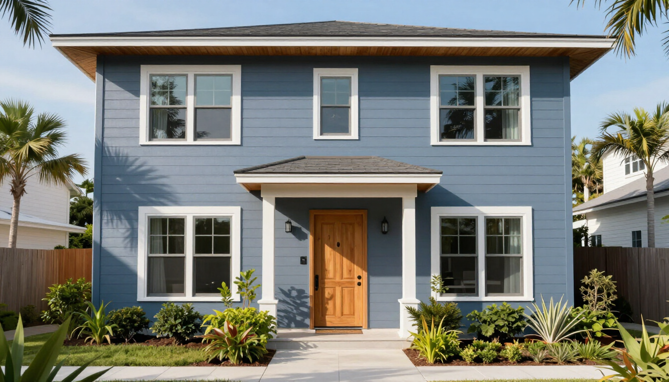 Modern vacation home exterior with blue-gray coastal styling and welcoming entry.