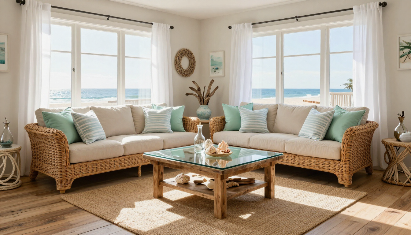 Bright holiday home interior with coastal decor and open living space.