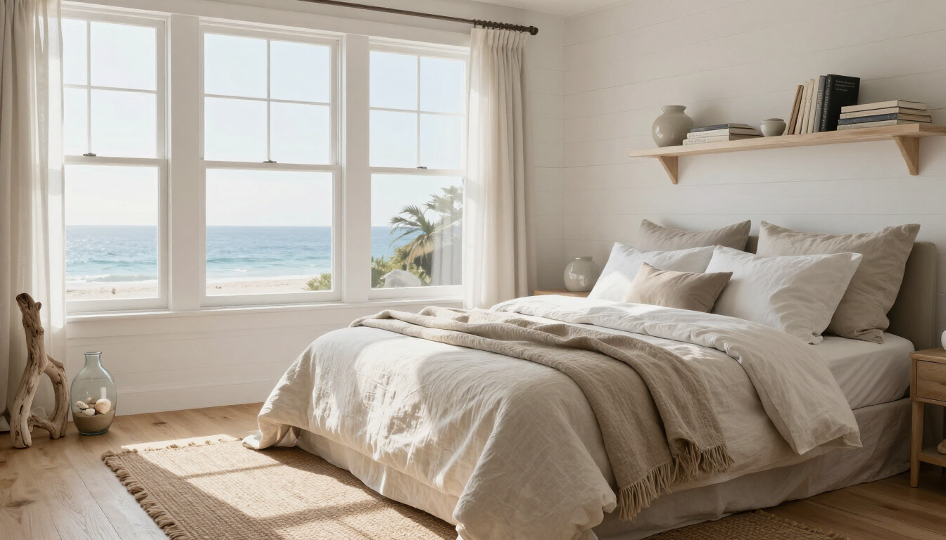 Coastal vacation house bedroom with soft neutral linens and a relaxing atmosphere.