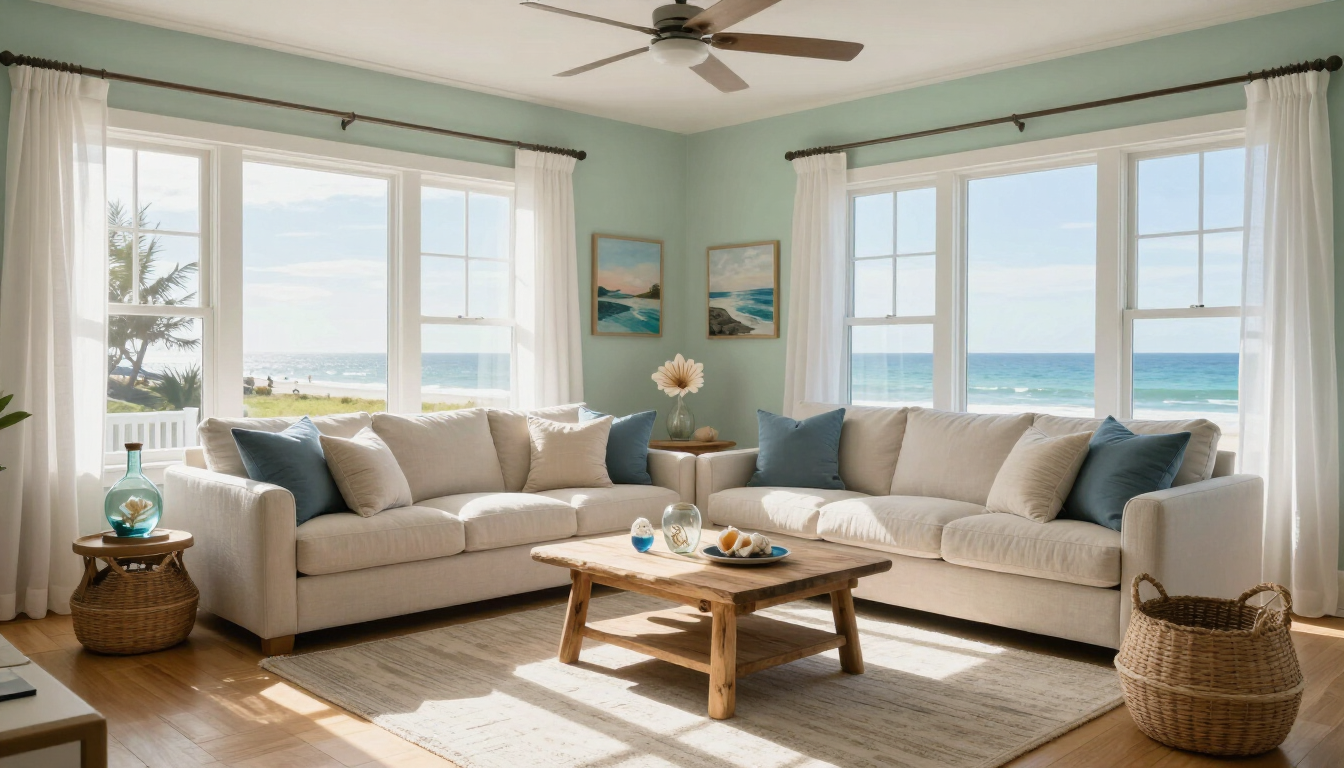 Bright vacation home living room with coastal decor and natural light.