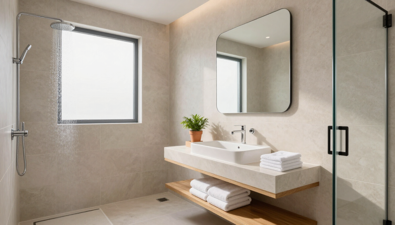 Clean, spa-like bathroom in a short-term rental home.