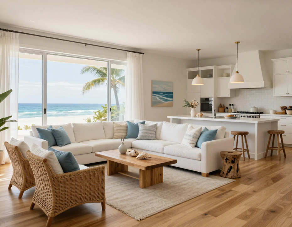 Beautiful vacation home interior with coastal furnishings and natural light.