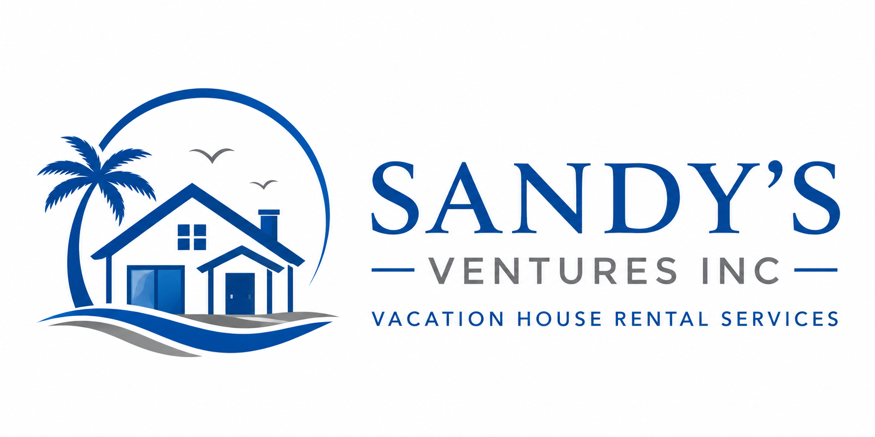 Sandy&rsquo;s Ventures Inc. logo with blue house, palm tree, waves, and vacation rental services text