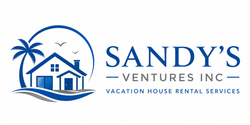Sandy’s Ventures Inc. logo with blue house, palm tree, waves, and vacation rental services text