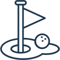 A line drawing of a golf ball and flag on a golf course.