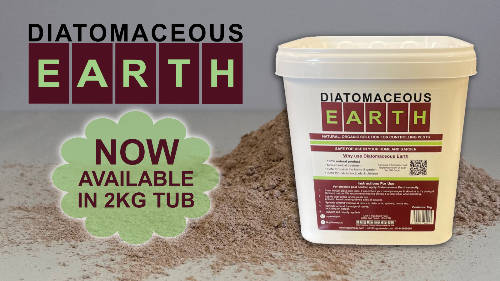 Diatomaceous Earth image of tub with earth on the ground next to it.